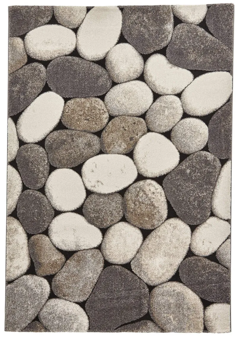Tapis Gris imprimé galets intérieur poils ras WOODLAND