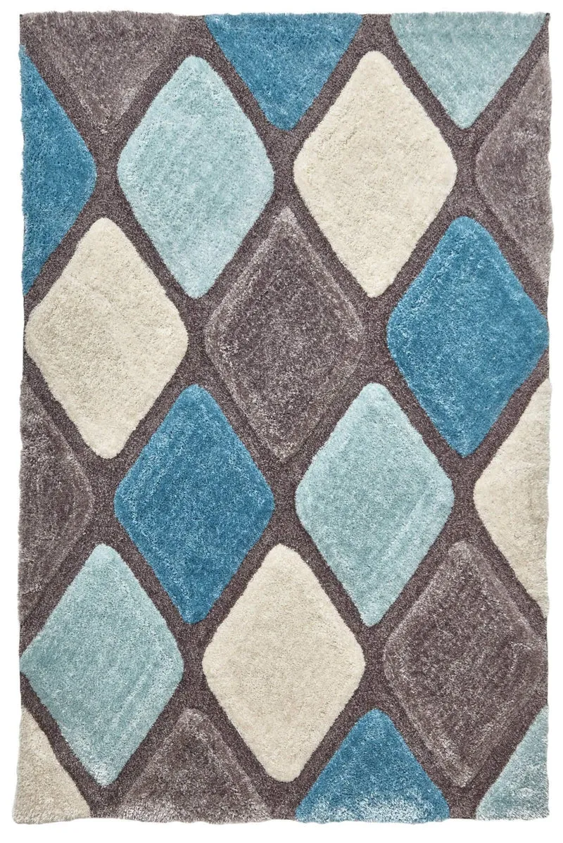 Tapis bleu shaggy motifs en losange NOBLE HOUSE 9247