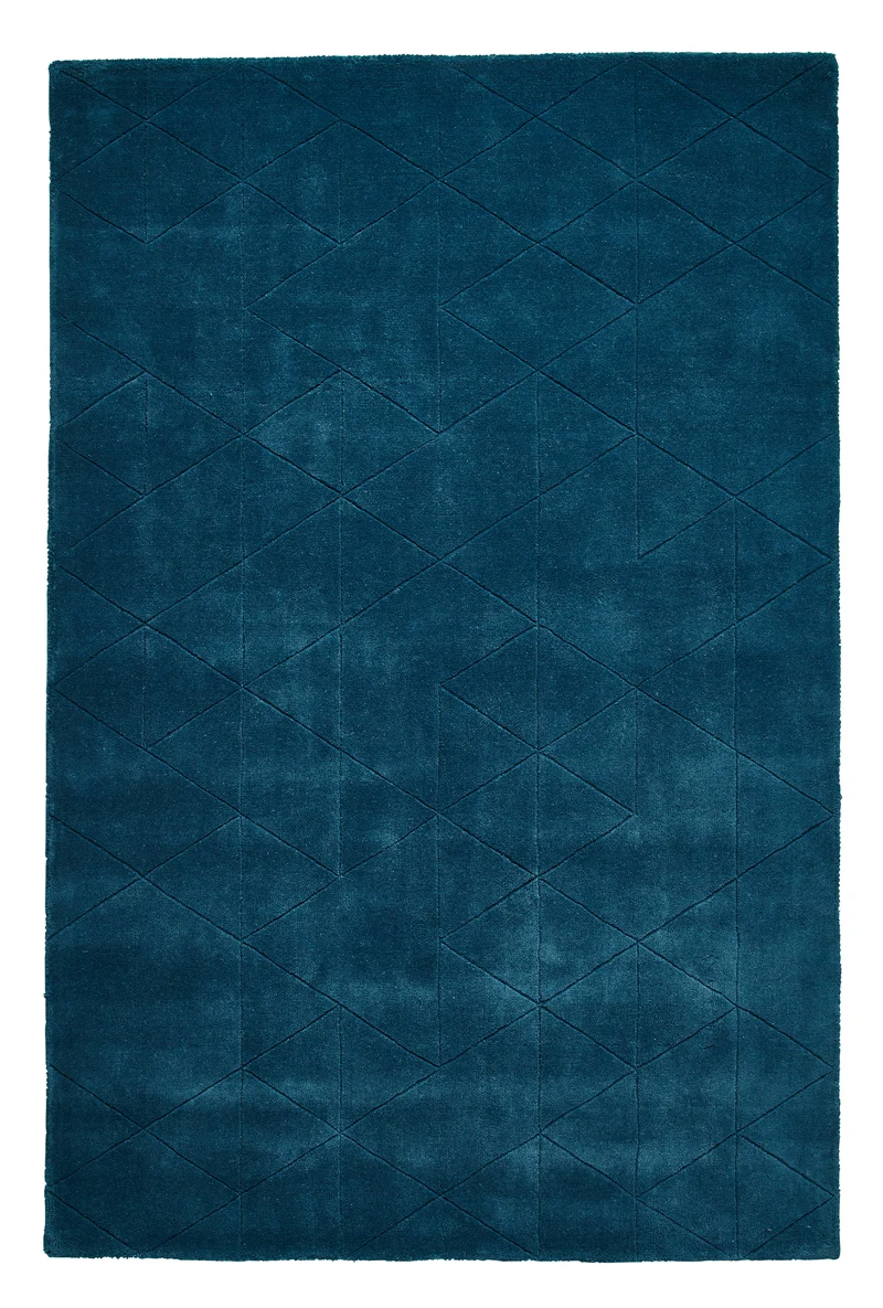 Tapis Bleu foncé uni graphique en laine KASBAH