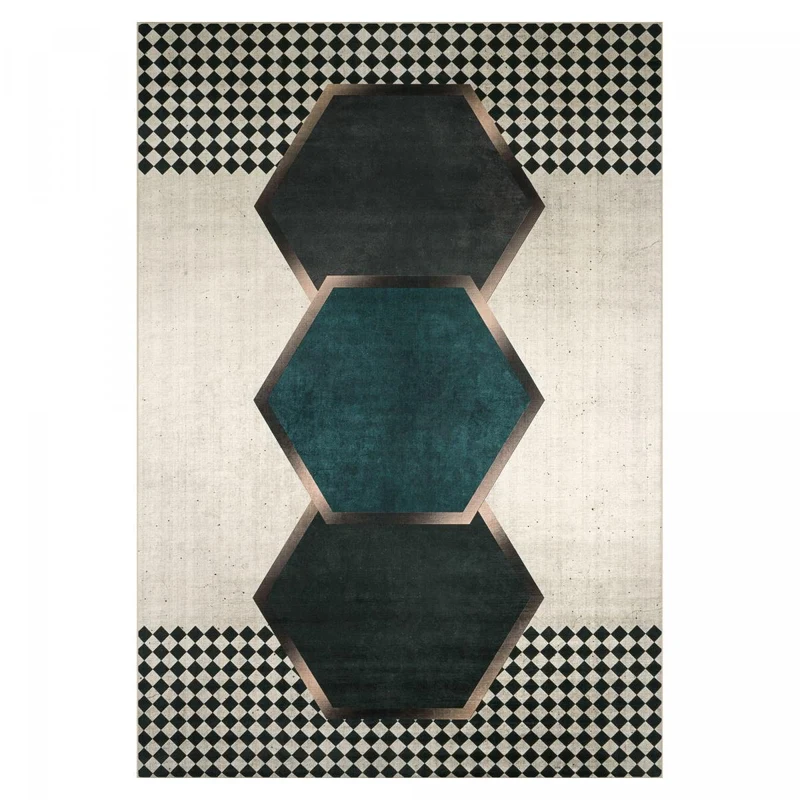 Tapis de Salon Vert Crème et Noir Kilim Imprimé 120x160 cm – Royaume du Tapis