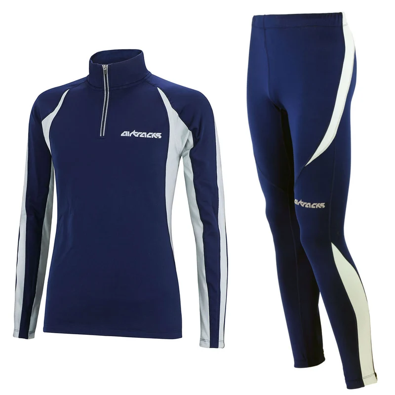 Damen Winter Fleece Thermolaufset (2-tlg.) Pro Laufshirt Langarm + Laufhose Lang Blau Grau