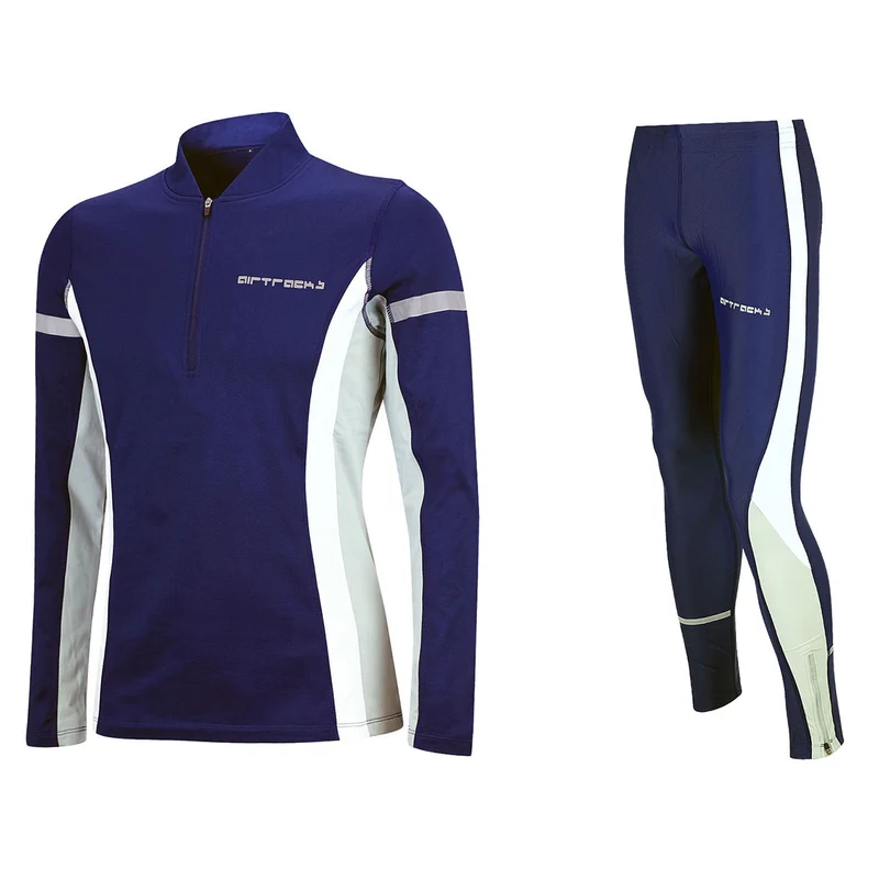 Damen Winter Fleece Thermolaufset (2-tlg.) Laufshirt Langarm + Laufhose Lang Blau Grau