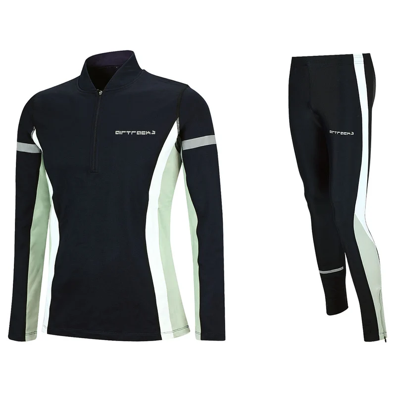 Herren Winter Fleece Thermolaufset (2-tlg.) Laufshirt Langarm + Laufhose Lang Schwarz Grau