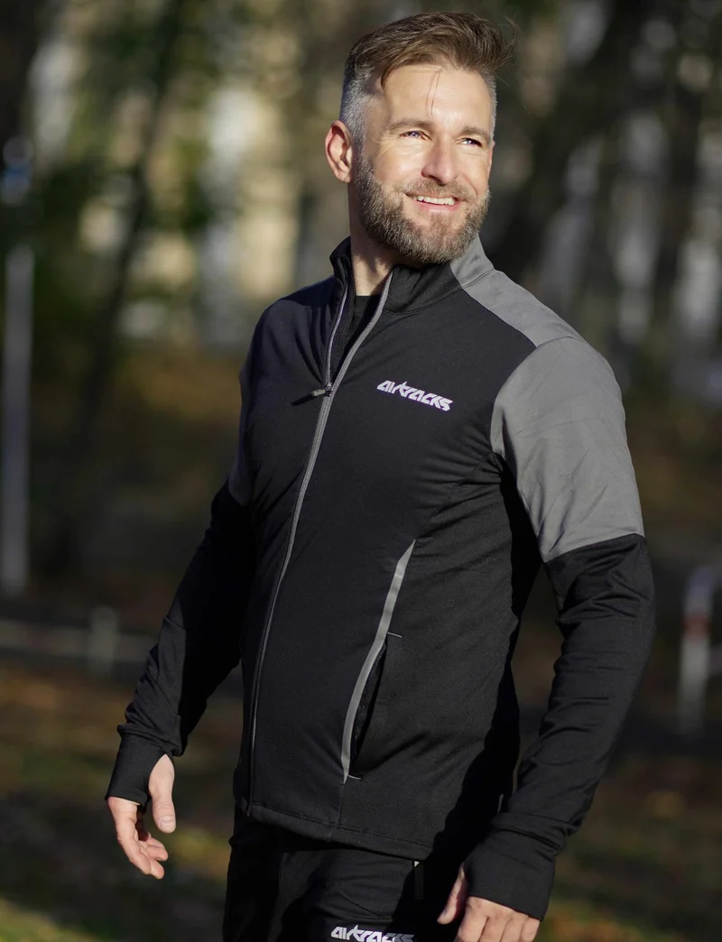 Herren Winter Fleece Laufshirt Langarm Thermo Running Sweatshirt Pro Line Schwarz Grau