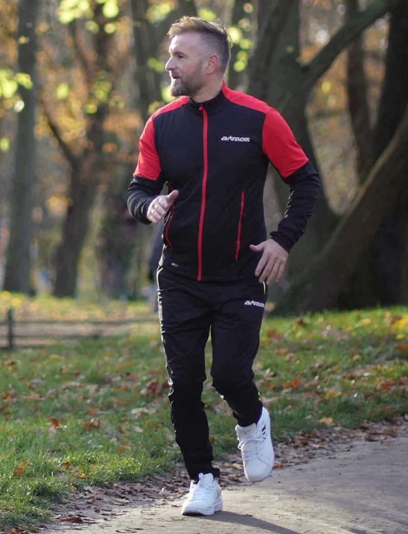 Herren Winter Thermolaufset (2-tlg.) Pro Line Laufshirt Langarm + Laufhose Lang Schwarz Rot