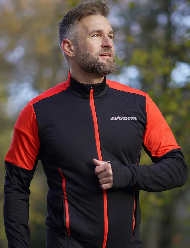 Herren Winter Fleece Laufshirt Langarm Thermo Running Sweatshirt Pro Line Schwarz-Rot Setprodukt