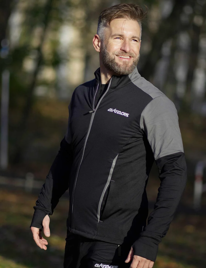 Herren Winter Fleece Laufshirt Langarm Thermo Running Sweatshirt Pro Line Schwarz-Grau Setprodukt