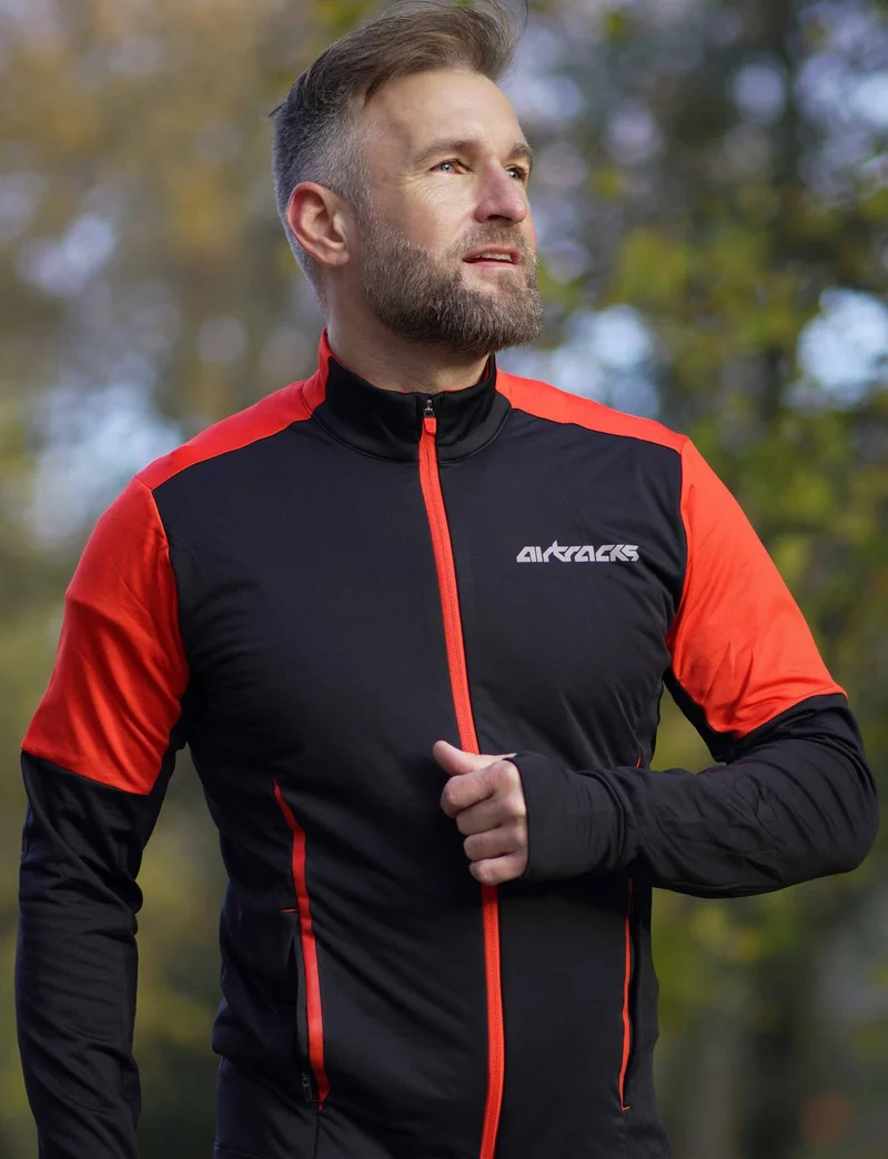 Herren Winter Fleece Laufshirt Langarm Thermo Running Sweatshirt Pro Line Schwarz Rot