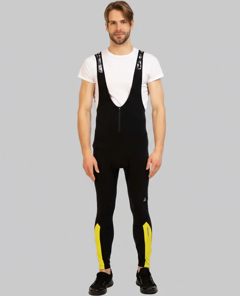 Herren Winter Fahrradhose Lang mit Trägern Pro Team - Fleece Thermoradhose Schwarz-Neon