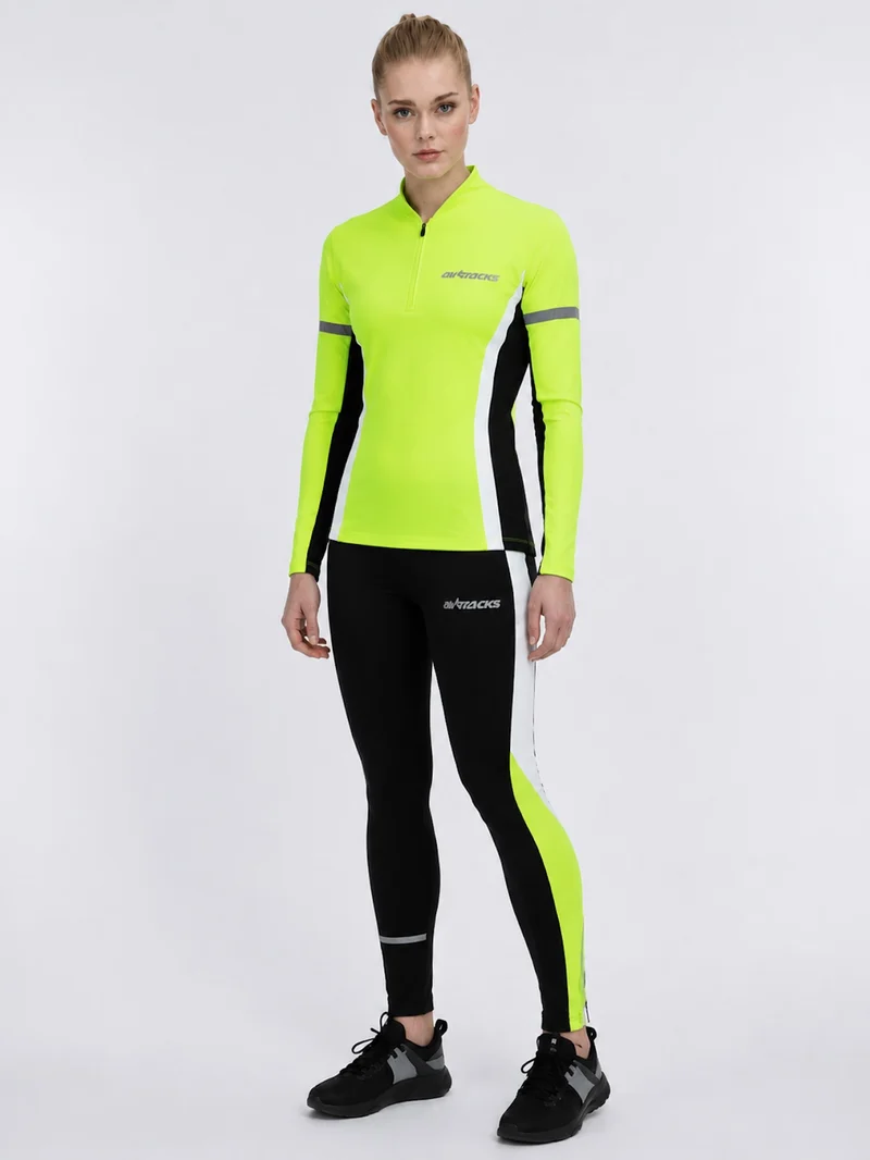 Damen Winter Thermo Laufhose Tight Lang Schwarz Neon