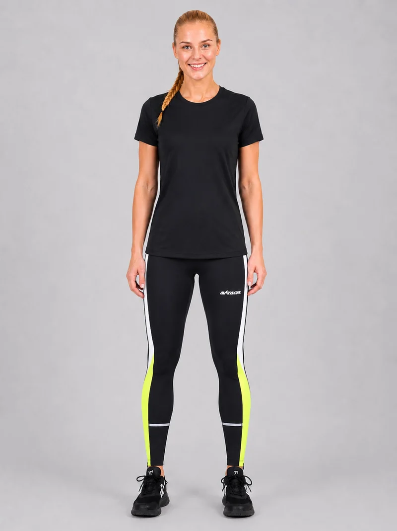 Damen Laufhose Tight Lang Schwarz Neon