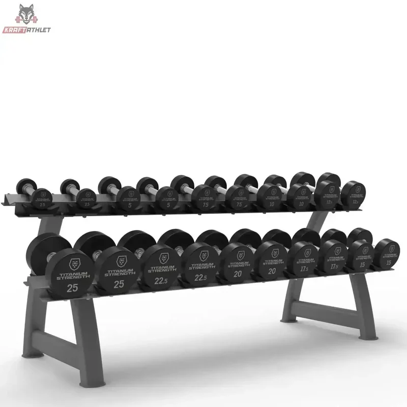 Titanium Strength Set aus runden Pro-PU-Hanteln 2,5–25 kg + Rack Titanium Strength